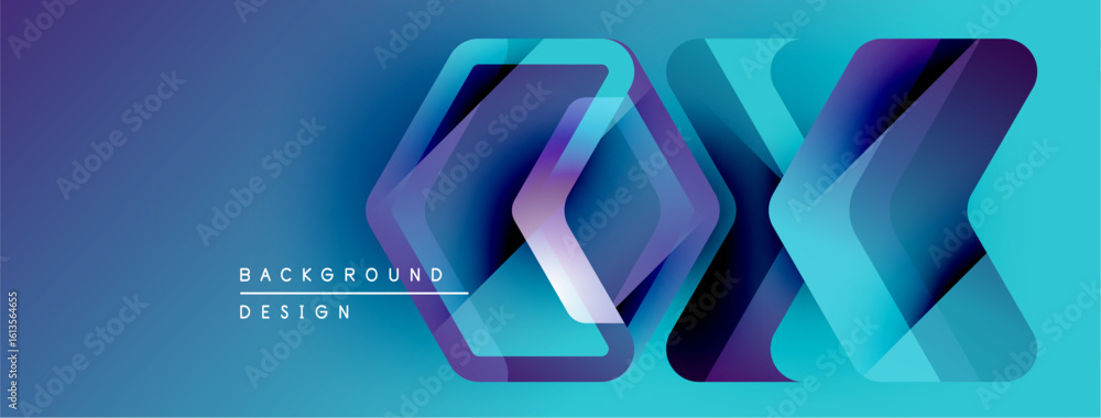 Poster abstract geometric design. blue, purple gradients create layered effect. modern background suitable 