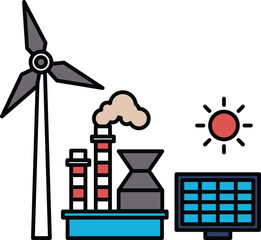 A windmill is shown next to a factory with smoke coming out of it