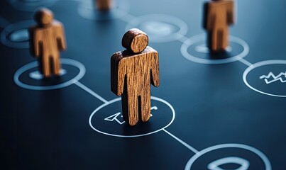 Wooden figures representing people in a network, on a dark surface with connecting lines and icons