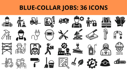 Blue-collar jobs icon set featuring various tools and professions  