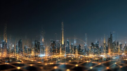 Obraz premium Futuristic Cityscape at Night with Glowing Lights and Network Connections Showcasing Modern Technology and Urban Development Aesthetic for Stock Photography