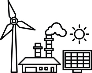 A windmill is shown next to a factory and a solar panel