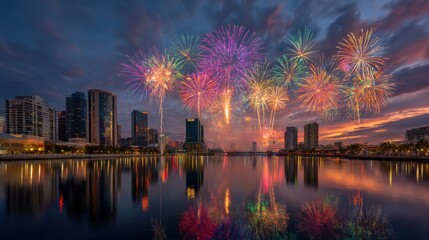 Vibrant Fireworks Display Over City Skyline Reflected in Water at Dusk with Dramatic Clouds and Urban Landscape