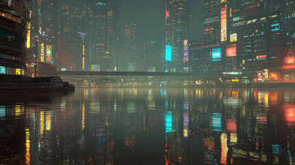 Dystopian cyberpunk metropolis with colorful neon reflections on wide river, dense skyline of futuristic buildings in atmospheric night cityscape, glowing signs and misty industrial ambiance