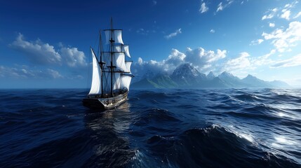 Obraz premium A vintage sailing ship with white sails navigating blue ocean waves under a bright sky and mountain landscape