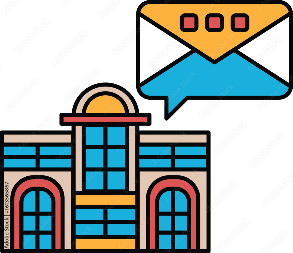 Poster a building with a large window and a blue and red arch