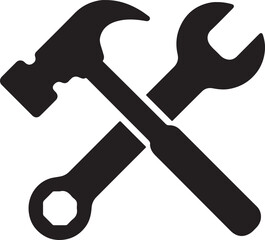 Silhouette of crossed hammer and wrench, perfect for tools, repair, construction, and maintenance design themes.