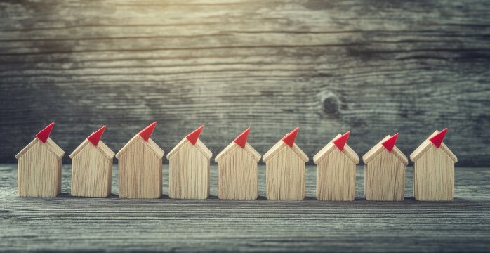 Row of small, light-brown wooden houses with red triangular roofs, arranged in a straight line on a weathered wooden surface