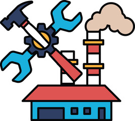 A blue and red building with a red roof and a blue wrench on top of it