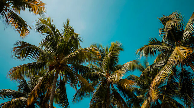 Lush green palm trees against a clear blue sky