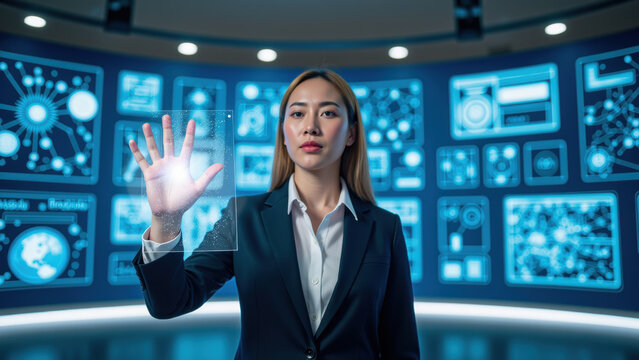 Innovative businesswoman interacting with futuristic technology, showcasing digital interface and data visualization in modern workspace