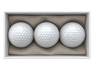 Three Golf Balls Inside Open Display Box on Transparent Background

