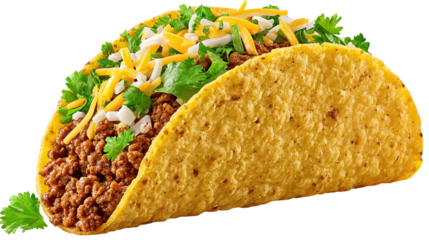 Tasty Soft Taco Filled with Seasoned Meat, Cilantro, and Cheese on Transparent Background

