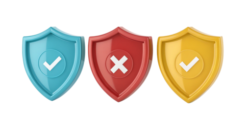 Photo of three shields, one blue with a checkmark, one red with a cross, and one yellow with a checkmark, symbolizing security and status isolated on transparent background