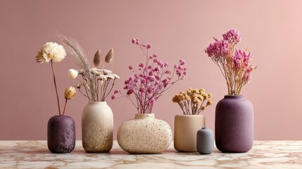 Obraz premium Elegant arrangement of diverse vases with dried flowers against a soft pastel background showcasing modern decor and artistic styling ideas for interiors