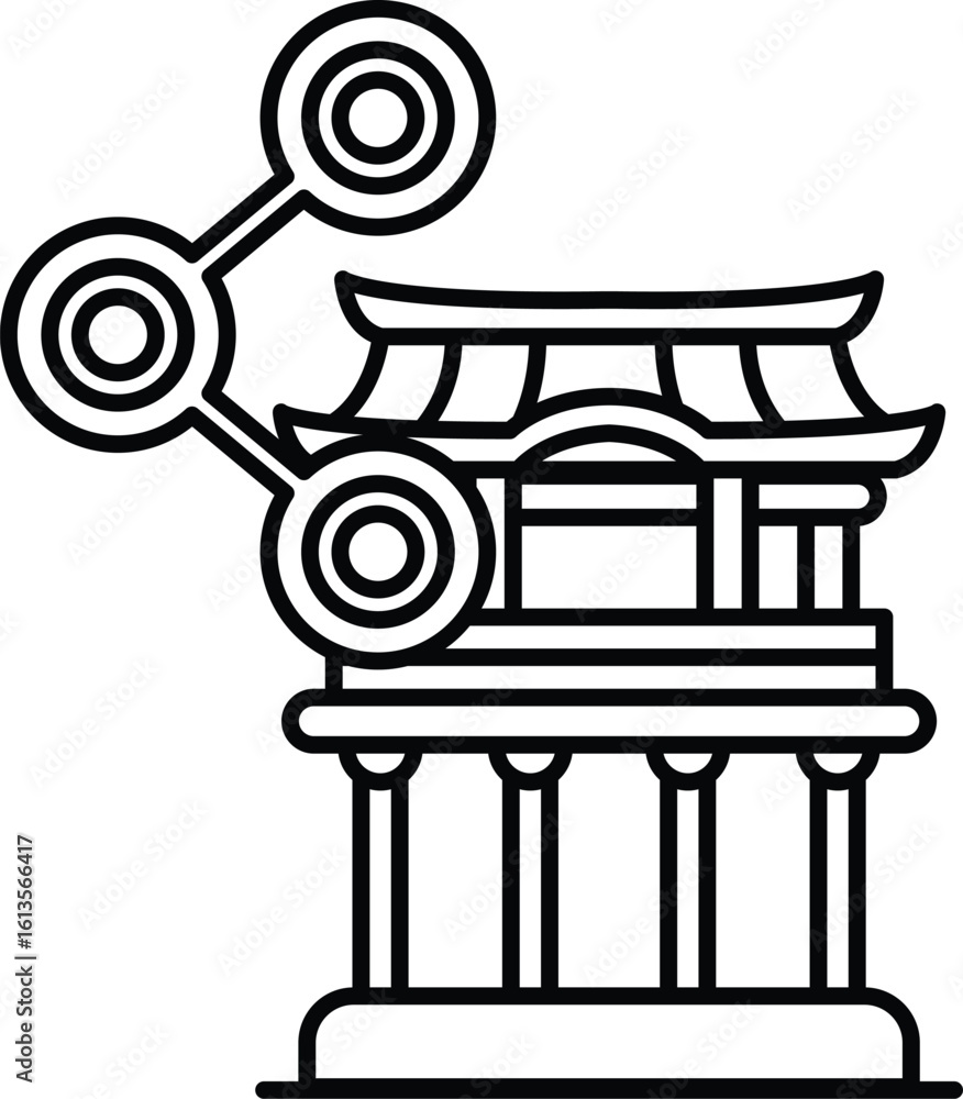 Poster a building with three circles on top of it