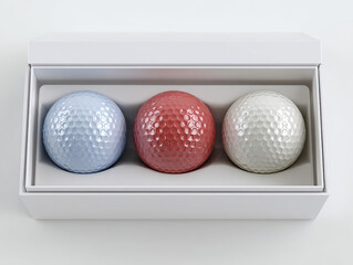 Three Golf Balls Inside Open Display Box on Transparent Background

