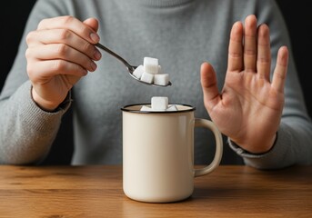Person refusing sugar cubes for a healthy lifestyle