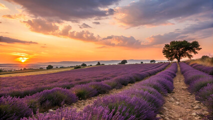Obraz premium Lavender field at sunset, golden light and purple hues