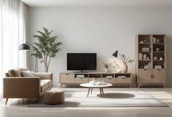 Light-colored wooden furniture in a modern living room.