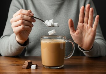 Person refusing to add sugar cubes to coffee promoting healthy eating