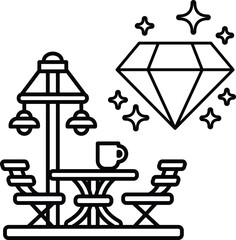 A black and white drawing of a diamond and a lamp post with a table and chairs