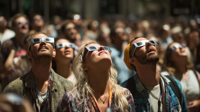Diverse crowd gathered in city street, wearing protective eclipse glasses and watching solar eclipse together, amazed expressions, community science moment, sunny day, atmospheric real-life footage