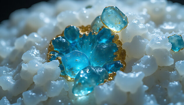 Close up of a sparkling blue crystal cluster on a white mineral background - Powered by Adobe