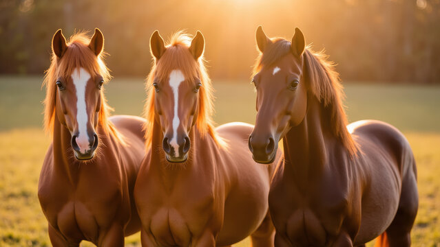 Majestic horses standing together in sunlit field, showcasing their beauty and grace. warm glow enhances their rich coats and serene expressions