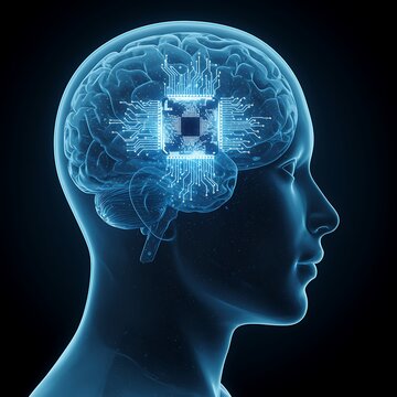 Human head profile with digital brain and computer chip