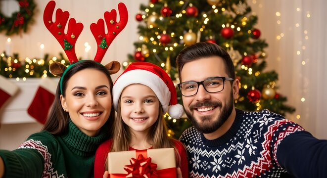 Christmas. Family. Home. Togetherness. Happy parents and their little girl are looking at camera and smiling near the Xmas tree