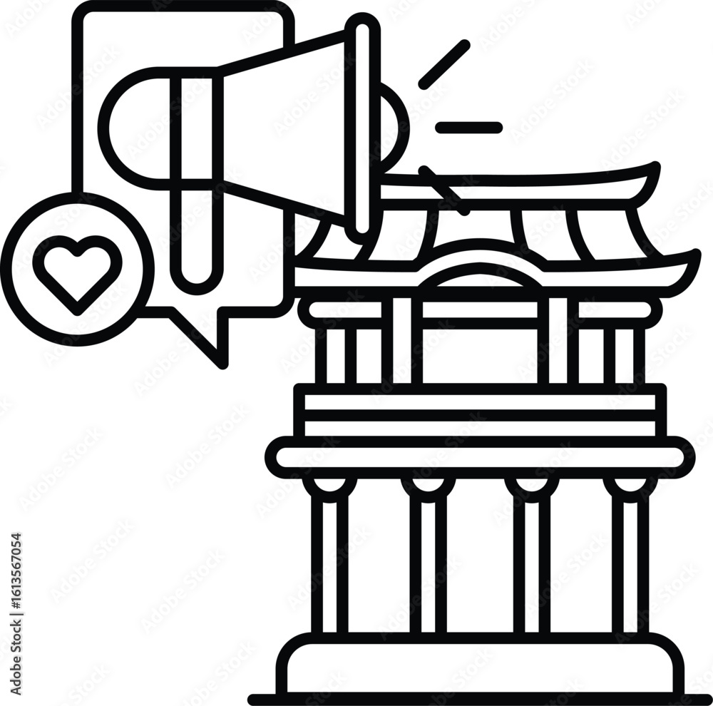 Poster a building with a large speaker on top of it