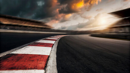 Racing track with motion blur and dramatic sunset sky overhead