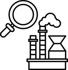 A black and white drawing of a magnifying glass with a factory in the background