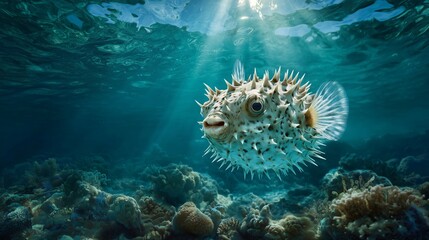 Underwater Pufferfish in Defense Pose Floating in Tropical Reef
