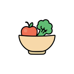 Flat vector illustration of apple and broccoli in beige bowl, representing balanced diet and clean healthy eating