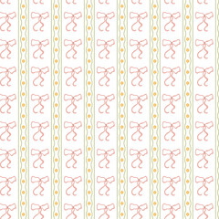 Soft coquette bows and ribbons seamless pattern.  Vertical striped print, preppy wallpaper. Perfect for fabric, textiles, packaging or wrapping paper