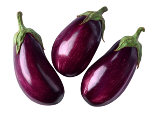 Top view of three eggplants in curved formation with deep rich color