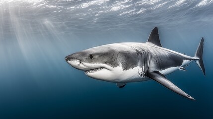 Dramatic hyper-realistic image of a Great White Shark emerging from deep blue water with a focused beam of light highlighting its scars and black eye