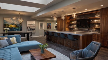 Luxurious Modern Basement Design with Bar, Lounge Area, and Artistic Wall Décor