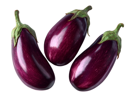 Top view of three eggplants in curved formation with deep rich color