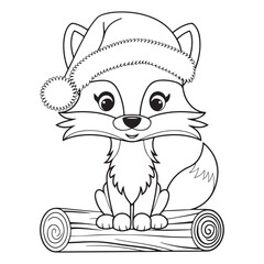 Fox wearing santa hat sitting on a log coloring page art