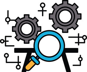 A blue and gray gear with a magnifying glass on top of it