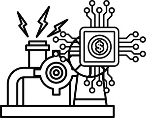 A black and white drawing of a machine with a dollar sign on it