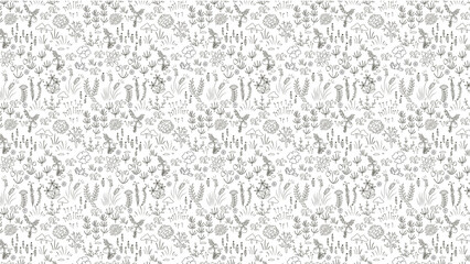 A seamless pattern of hand drawn plants and mushrooms on a white background in a doodle style