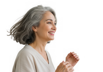 Smiling woman with gray hair profile view on transparent background