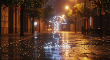 雨の夜に佇むネオンの少女と猫の幻想風景