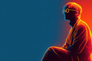 Pixelated Portrait of a Seated Man in Profile, Warm and Cool Lighting