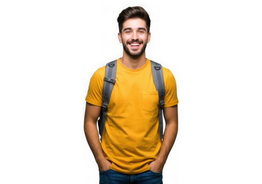 Smiling student with backpack portrait on transparent background