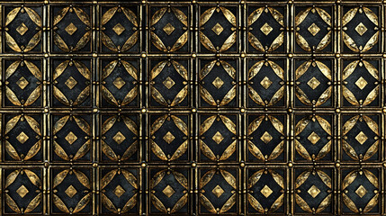 Ornate, repeating gold and dark gray decorative tiles.  Geometric patterns within squared frames create a rich, textured surface